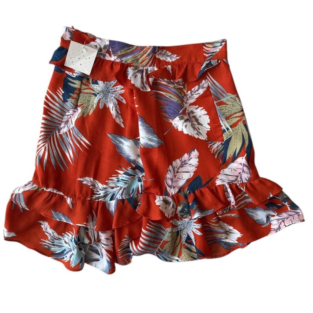 Sage The Label Small Red-Orange Fall Leaf Print Ruffle Lined Mini Skirt NEW